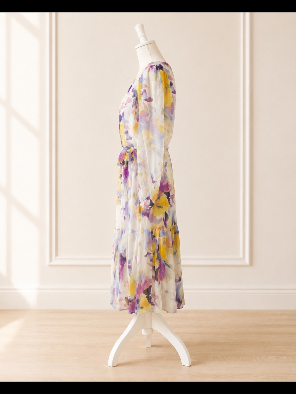 Dkny Yellow & Purple Floral Wrap Midi Dress NWOT, Size 6 - Picture 4 of 6